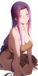 Rule 34 | 1girl, absurdres, apron, bare shoulders, barefoot, blush, breasts, cleavage, collarbone, dated commentary, fate/stay night, fate (series), forehead, glasses, hair intakes, highres, kneeling, large breasts, long hair, looking at viewer, low-tied long hair, medusa (fate), medusa (rider) (fate), naked apron, parted lips, purple eyes, purple hair, rororo, seiza, simple background, sitting, solo, thighs, very long hair, white background