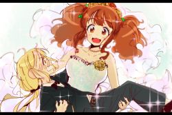 Rule 34 | 10s, 2girls, :3, age difference, ahoge, black dog (ckdfhd), blush, bow, bowtie, brown eyes, carrying, child, couple, dress, earrings, full-face blush, futaba anzu, idolmaster, idolmaster cinderella girls, jewelry, letterboxed, low twintails, moroboshi kirari, multiple girls, necklace, onee-loli, open mouth, princess carry, size difference, sparkle, tuxedo, twintails, wavy mouth, wedding, wedding dress, wife and wife, wreath, yuri