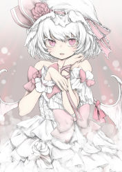 Rule 34 | 1girl, albino, alternate costume, bare shoulders, bat wings, chikado, colored eyelashes, dress, flower, frilled dress, frills, gradient background, hat, hat flower, looking at viewer, mob cap, off shoulder, open mouth, red eyes, remilia scarlet, ribbon, rose, short hair, short sleeves, sketch, slit pupils, solo, touhou, white hair, wings, wrist cuffs, wrist ribbon