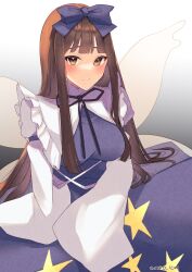 Rule 34 | 1girl, aged up, aoko (myut7287), arm support, black ribbon, blue bow, blue dress, blunt bangs, blush, bow, breasts, brown eyes, brown hair, closed mouth, commentary request, commission, dress, fairy wings, frilled shirt collar, frills, gradient background, grey background, hair bow, highres, juliet sleeves, large breasts, light smile, long hair, long sleeves, looking at viewer, neck ribbon, puffy sleeves, ribbon, sidelocks, simple background, sitting, skeb commission, sleeves past fingers, sleeves past wrists, solo, star (symbol), star print, star sapphire, touhou, twitter username, very long hair, wide sleeves, wings, yokozuwari