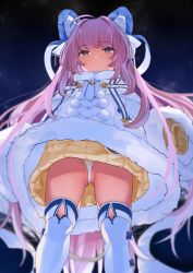Rule 34 | 1girl, azur lane, blue eyes, blush, closed mouth, coat, dress, from below, fur-trimmed sleeves, fur trim, hair ornament, highres, long hair, long sleeves, looking at viewer, looking down, panties, pantyshot, pom pom (clothes), purple hair, russian clothes, siro izo, solo, standing, sweater, sweater dress, tashkent (azur lane), thighhighs, underwear, very long sleeves, white coat, white panties, wide sleeves, winter clothes
