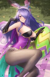 Rule 34 | 1girl, animal ears, black gloves, blush, breasts, brown pantyhose, camilla (fire emblem), camilla (spring) (fire emblem), cleavage, commentary, doiparuni, easter egg, egg, elbow gloves, english commentary, fake animal ears, fire emblem, fire emblem fates, fire emblem heroes, flower, gloves, grass, hair over one eye, highres, large breasts, leotard, long hair, looking at viewer, nintendo, official alternate costume, one eye covered, pantyhose, playboy bunny, purple eyes, purple hair, purple leotard, rabbit ears, smile, solo, strapless, strapless leotard, thighs, white flower