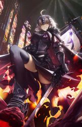 Rule 34 | 1girl, ahoge, armor, armored boots, armored dress, black armor, black cape, black dress, black thighhighs, boots, breasts, cape, commentary, daniel deng, dress, fate/grand order, fate (series), faulds, fire, flag, fur-trimmed cape, fur trim, gauntlets, grin, headpiece, highres, holding, holding flag, holding sword, holding weapon, indoors, jeanne d&#039;arc alter (avenger) (fate), jeanne d&#039;arc alter (avenger) (first ascension) (fate), jeanne d&#039;arc alter (fate), large breasts, looking at viewer, looking down, short hair, smile, solo, sword, teeth, thighhighs, torn cape, torn clothes, weapon, white flag, white hair, yellow eyes