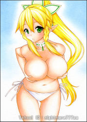 Rule 34 | 10s, 1girl, artist name, bikini, bikini bottom only, blush, border, braid, breast hold, breasts, choker, collarbone, covering privates, covering breasts, elf, female focus, gradient background, large breasts, leafa, long hair, looking at viewer, navel, nightmare77zx, parted lips, pointy ears, ponytail, side-tie bikini bottom, side braid, solo, swimsuit, sword art online, topless, traditional media, twin braids