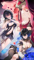 3girls :d absurdres armlet artist_request asymmetrical_gloves backless_dress backless_outfit bare_shoulders bell black_gloves black_hair black_panties black_skirt black_thighhighs blue_eyes blue_flower blue_hair blue_rose blush body_markings bracelet breasts brown_hair cleavage cleavage_cutout clothing_cutout collarbone commentary dress elbow_gloves english_commentary fingerless_gloves flower glasses gloves gold_armlet hair_between_eyes hair_flower hair_ornament hand_on_own_cheek hand_on_own_face hand_up hands_on_own_cheeks hands_on_own_face heart heart-shaped_pupils highres jewelry katya_klein large_breasts logo looking_at_viewer marian_andreotti mismatched_gloves multicolored_hair multiple_girls navel official_alternate_costume official_art one_eye_closed open_mouth over-rim_eyewear panties parted_lips pouch purple_dress purple_eyes purple_gloves purple_hair red_dress red_flower red_rose revealing_clothes rose round_eyewear saliva scar scar_on_face scar_on_nose semi-rimless_eyewear short_hair sidelocks single_elbow_glove single_thighhigh sitting skindentation skirt smile snowbreak:_containment_zone standing stomach strapless strapless_dress streaked_hair symbol-shaped_pupils teeth thigh_gap thigh_pouch thighhighs thighlet two-tone_hair underwear vidya_shannon white_dress