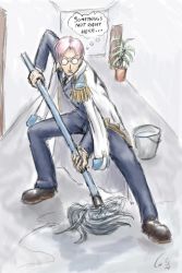 Rule 34 | 1boy, bucket, cleaning, koby (one piece), formal, glasses, hallway, highres, indoors, jacket, jacket on shoulders, male focus, military, military uniform, mop, necktie, one piece, pink hair, plant, potted plant, solo, suit, thought bubble, uniform, washing