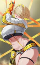 Rule 34 | 1girl, ahoge, belly, black gloves, black sports bra, blonde hair, bound, bound wrists, breasts, clothing cutout, crop top, cropped sweater, elegg (nikke), exposed pocket, gloves, goddess of victory: nikke, grey shorts, hair intakes, hair over eyes, highres, large breasts, long bangs, long sleeves, micro shorts, multicolored clothes, multicolored gloves, multicolored hair, navel, reilong, short hair, shorts, shoulder cutout, solo, sports bra, suspender shorts, suspenders, thigh strap, thighs, two-tone hair, yellow gloves