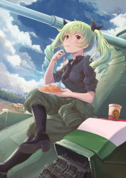 Rule 34 | 1girl, anchovy (girls und panzer), anzio military uniform, black necktie, black ribbon, black shirt, blouse, blush, boots, clothes around waist, cloud, collared shirt, cup, disposable cup, drill hair, eating, food, fork, girls und panzer, green hair, hair ribbon, highres, italian flag, jacket, jacket around waist, long hair, looking at viewer, military, military vehicle, misashi (raichi821), motor vehicle, necktie, outdoors, pants, pants tucked in, pasta, plate, red eyes, ribbon, shirt, sitting, sky, sleeves rolled up, solo, spaghetti, tank, twin drills, twintails