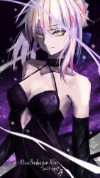 Rule 34 | 1girl, artoria pendragon (all), artoria pendragon (fate), bare shoulders, black dress, black gloves, black ribbon, blonde hair, bow, braid, breasts, character name, choker, cleavage, closed mouth, collarbone, commentary request, dated, dress, elbow gloves, fate/grand order, fate (series), french braid, gloves, hair between eyes, hair bun, hair ribbon, highres, looking at viewer, medium breasts, medium hair, official alternate costume, ribbon, saber alter, shadow, sidelocks, smile, smirk, solo, strapless, strapless dress, tsukaasa, upper body, yellow eyes