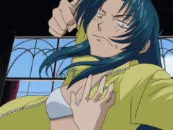 Rule 34 | 00s, 1girl, animated, animated gif, bikini, blue hair, chidori kaname, cloud, day, full metal panic!, jacket, lowres, moon, navel, non-web source, open clothes, open shirt, pawnch!, pervert, punching, screencap, shirt, sleeves rolled up, spinning, swimsuit