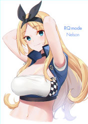 Rule 34 | 1girl, akagi kurage, arms up, black hairband, blonde hair, blue eyes, blush, breasts, character name, cleavage, cropped jacket, cropped torso, hairband, highres, kantai collection, large breasts, long hair, midriff, navel, nelson (kancolle), short sleeves, simple background, smile, solo, upper body, white background