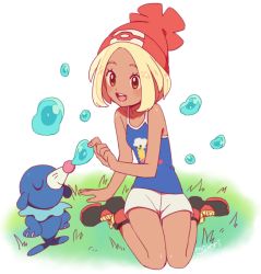 Rule 34 | 1girl, :d, artist name, bad id, bad twitter id, bare arms, bare legs, bare shoulders, beanie, blonde hair, breasts, bubble, closed mouth, collarbone, creatures (company), dark skin, doyagao, fingernails, full body, game freak, gen 1 pokemon, gen 7 pokemon, grass, hands on own hips, hat, knees together feet apart, moyori, nintendo, open mouth, orange eyes, pikachu, pokemon, pokemon (creature), pokemon sm, popplio, print shirt, red hat, sea lion, selene (pokemon), shirt, shoes, short hair, shorts, simple background, sitting, small breasts, smile, smug, sneakers, tank top, teeth, thigh gap, wariza, white background, white shorts