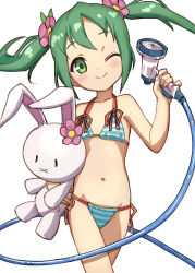 Rule 34 | 1girl, :x, ;), absurdres, bare arms, bare shoulders, bikini, blush, closed mouth, collarbone, copyright request, fingernails, flower, green eyes, green hair, groin, hair flower, hair ornament, highres, holding, hose, hugging object, long hair, navel, nyama, one eye closed, pink flower, side-tie bikini bottom, sidelocks, simple background, smile, solo, striped bikini, striped clothes, stuffed animal, stuffed rabbit, stuffed toy, swimsuit, twintails, white background