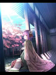 Rule 34 | 1girl, bad id, bad pixiv id, blue sky, building, calligraphy brush, cherry blossoms, cloud, day, floral print, flower, garden, hair flower, hair ornament, hieda no akyuu, highres, japanese clothes, kimono, letterboxed, looking at viewer, paintbrush, purple hair, rerrere, scroll, sitting, sky, smile, solo, sunlight, touhou, tree, veranda