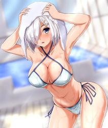 Rule 34 | 1girl, bikini, blue eyes, blurry, blurry background, breasts, cleavage, collarbone, criss-cross halter, drying, drying hair, hair ornament, hair over one eye, hairclip, halterneck, hamakaze (kancolle), highres, kantai collection, large breasts, leaning forward, looking at viewer, rei no pool, short hair, side-tie bikini bottom, side-tie bottom, silver hair, skindentation, solo, swimsuit, upper body, wet, white bikini, zanntetu