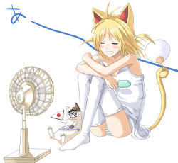 Rule 34 | 1girl, animal ears, blush stickers, cat, cat ears, cat tail, closed eyes, electric fan, fish, food, grin, hand fan, holding, holding with tail, ice cream, japan, legs up, original, panties, pantyshot, paper fan, prehensile tail, short twintails, sitting, smile, solo, strap slip, striped clothes, striped panties, tail, talking into fan, thighhighs, twintails, uchiwa, underwear