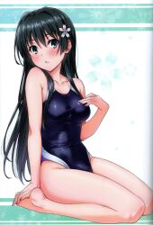 Rule 34 | 1girl, absurdres, bare arms, bare legs, bare shoulders, barefoot, black hair, blush, breasts, closed mouth, feet, hair ornament, hand on own chest, hand up, highres, isshi pyuma, legs, long hair, looking at viewer, medium breasts, one-piece swimsuit, saten ruiko, scan, sitting, solo, swimsuit, thighs, toaru kagaku no railgun, toaru majutsu no index, toes