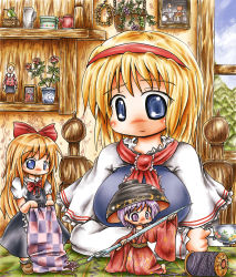 Rule 34 | 2girls, alice margatroid, barefoot, blonde hair, blue eyes, blush, bow, bowl, breasts, capelet, chair, cup, doll, dress, hair bow, hairband, highres, japanese clothes, large breasts, long sleeves, mini person, minigirl, multiple girls, needle, open mouth, portrait, purple eyes, purple hair, sewing, shanghai doll, shinki (touhou), short hair, short sleeves, sitting, skirt, smile, sukuna shinmyoumaru, table, thread, touhou, touhou (pc-98), vest, ys (ytoskyoku-57)