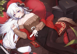 Rule 34 | 1girl, aran sweater, azur lane, bare shoulders, bed sheet, belfast (azur lane), belfast (shopping with the head maid) (azur lane), black bow, black pantyhose, black skirt, bow, breasts, brown sweater, cable knit, cleavage, collarbone, earrings, feet out of frame, food, hair bow, heart, heart-shaped pillow, high-waist skirt, hoop earrings, hu kotora, jewelry, large breasts, long hair, looking at viewer, low-tied long hair, lying, mouth hold, nail polish, off-shoulder sweater, off shoulder, official alternate costume, on back, on bed, pantyhose, parted lips, pillow, pocky, purple eyes, red nails, ribbon, shoebox, silver hair, skirt, smile, solo, sweater, white ribbon