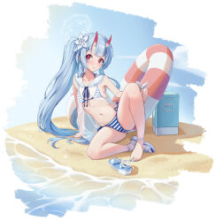 Rule 34 | 1girl, absurdres, bare shoulders, bikini, blue archive, blue hair, blue halo, blush, breasts, camisole, chise (blue archive), chise (swimsuit) (blue archive), cooler, day, flower, gradient horns, hair flower, hair ornament, halo, highres, horns, innertube, long hair, looking at viewer, multicolored horns, nabe-san, navel, official alternate costume, oni, open mouth, outdoors, red eyes, red horns, sailor bikini, sailor collar, sandals, see-through, see-through camisole, side-tie bikini bottom, side ponytail, sitting, skin-covered horns, sky, small breasts, solo, stomach, striped bikini, striped clothes, swim ring, swimsuit, two-tone bikini, very long hair, water, white sailor collar