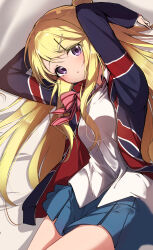 Rule 34 | 1girl, absurdres, bed sheet, blonde hair, blue skirt, breasts, commentary request, hair ornament, highres, jacket, kin-iro mosaic, kootee-on, kujou karen, long hair, looking at viewer, lying, medium breasts, neckerchief, on bed, on side, open mouth, pleated skirt, purple eyes, red neckerchief, shirt, skirt, solo, union jack, very long hair, white shirt, x hair ornament