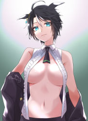 Rule 34 | 1girl, ahoge, animal ears, bare shoulders, black hair, black jacket, black necktie, black pants, blue eyes, breasts, center frills, cleavage, closed mouth, collared shirt, commentary request, cowboy shot, ear ornament, frilled shirt, frills, fuji kiseki (umamusume), hair between eyes, highres, hitsuji no shi, horse ears, horse girl, jacket, large breasts, looking at viewer, multicolored hair, navel, necktie, no bra, off shoulder, pants, partial commentary, partially unbuttoned, shirt, short hair, sidelocks, signature, sleeveless, sleeveless shirt, smile, solo, standing, stomach, twitter username, umamusume, white hair, white shirt