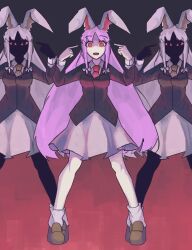 Rule 34 | 3girls, animal ears, brown footwear, clone, commentary, corporalblake, full body, gradient background, highres, looking at viewer, multiple girls, necktie, open mouth, pointing, pointing at self, rabbit ears, rabbit girl, red eyes, red necktie, reisen udongein inaba, sidelocks, teeth, touhou, upper teeth only