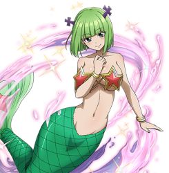 Rule 34 | alternate form, bare arms, bare shoulders, blonde hair, blush, bra, bracelet, brandish mew, breasts, brown eyes, cleavage, closed mouth, collarbone, fairy tail, fairy tail ultimate dance of magic, fins, fish tail, full body, green eyes, green hair, groin, hair tie, hand tattoo, hand up, jewelry, large breasts, long hair, looking down, matching hair/eyes, mermaid, mermaid transformation, monster girl, multiple girls, navel, necklace, pearl bracelet, pearl necklace, short hair, sky, star (sky), star (symbol), starry sky, surprised, tail, tattoo, transformation, twintails, underboob, underwear