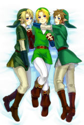 Rule 34 | 3boys, bed, blonde hair, blue eyes, blush, boots, brown hair, dakimakura (medium), frown, gloves, holding hands, hat, highres, hyrule warriors, link, lying, male focus, multiple boys, multiple persona, nintendo, on back, on side, open mouth, pointy ears, short hair, smile, stella ing, the legend of zelda, the legend of zelda: ocarina of time, the legend of zelda: skyward sword, the legend of zelda: twilight princess, time paradox, yaoi