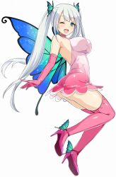 Rule 34 | 1girl, backless outfit, breasts, butterfly wings, cle masahiro, dress, full body, gloves, green eyes, high heels, insect wings, large breasts, long hair, looking at viewer, microdress, miniskirt, official art, one eye closed, open mouth, pink gloves, pink thighhighs, pumps, sashou urara, simple background, skirt, solo, stiletto heels, thighhighs, twintails, valkyrie drive, valkyrie drive -siren-, white background, white hair, wings
