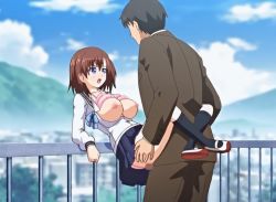 Rule 34 | age difference, animated, animated gif, blue eyes, bouncing breasts, bra, breasts, brown hair, jk to inkou kyoushi 4, kneehighs, nipples, pink bra, poro, public indecency, rooftop, socks, teacher and student, underwear