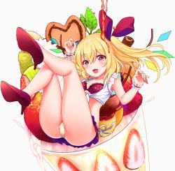 Rule 34 | 1girl, :d, arm up, ass, bare arms, bare legs, blonde hair, blush, bra, commentary request, crop top, crystal, cup, drinking glass, flandre scarlet, food, frilled bra, frills, front-tie top, fruit, full body, grey background, hair between eyes, hair ribbon, hand up, high heels, in container, in cup, in food, leaf, legs up, long hair, looking at viewer, lying, microskirt, midriff, no headwear, on back, one side up, open mouth, panties, pantyshot, polka dot, polka dot bra, red bra, red eyes, red footwear, red ribbon, red skirt, ribbon, rimu (kingyo origin), shirt, simple background, skirt, smile, solo, strawberry, thighs, tied shirt, touhou, underwear, white shirt, wings, wrist cuffs, yellow panties
