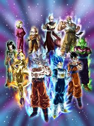 Rule 34 | 1girl, 6+boys, absolutely everyone, absurdres, android 17, android 18, arm behind back, bald, black hair, chinese clothes, colored skin, commentary request, dougi, dragon ball, dragon ball super, everyone, frieza, golden frieza, highres, kuririn, male focus, multiple boys, muscular, muten roushi, piccolo, simple background, son gohan, son goku, spiked hair, tenshinhan, third eye, vegeta, wai (y48754085)