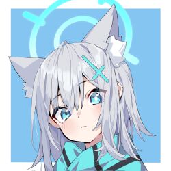 Rule 34 | 1girl, animal ear fluff, animal ears, blue archive, blue eyes, blush, closed mouth, corrupted twitter file, criss-cross halter, extra, grey hair, hair between eyes, halo, halterneck, head tilt, highres, looking at viewer, mismatched pupils, portrait, scarf, shiroko (blue archive), short hair, sidelocks, solo, suimz, wolf ears
