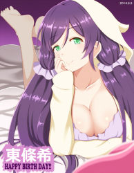 Rule 34 | 10s, 1girl, 2014, animal hood, barefoot, breasts, cleavage, dated, downblouse, green eyes, hair over shoulder, happy birthday, hood, hoodie, large breasts, long hair, looking at viewer, love live!, love live! school idol festival, love live! school idol project, pajamas, purple hair, smile, solo, tojo nozomi, twintails, zukky