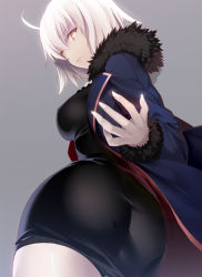Rule 34 | 1girl, ahoge, ass, black dress, blue jacket, breasts, commentary request, cowboy shot, dress, fate/grand order, fate (series), from behind, fur trim, highres, hip focus, jacket, jeanne d&#039;arc (fate), jeanne d&#039;arc alter (fate), jeanne d&#039;arc alter (ver. shinjuku 1999) (fate), long sleeves, looking at viewer, looking back, machimura komori, medium breasts, official alternate costume, open clothes, open jacket, pale skin, revision, short dress, short hair, solo, white hair, wicked dragon witch ver. shinjuku 1999, wide hips, yellow eyes