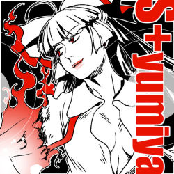 Rule 34 | 1girl, ahoge, artist name, bad id, bad pixiv id, black background, burnt clothes, female focus, fire, fujiwara no mokou, hair ribbon, high contrast, looking away, monochrome, open clothes, open shirt, partially colored, ribbon, shirt, solo, touhou, unbuttoned, yumiya