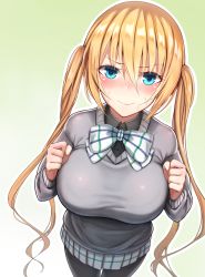 Rule 34 | 1girl, arms up, black pantyhose, black shirt, blend s, blonde hair, blue eyes, blush, bow, bowtie, breasts, collared shirt, dress shirt, embarrassed, full-face blush, gradient background, green background, hair between eyes, hinata kaho, large breasts, long hair, lun7732, pantyhose, ribbon, school uniform, shiny skin, shirt, skirt, solo, standing, striped bow, striped bowtie, striped clothes, striped skirt, sweat, thigh gap, twintails, very long hair