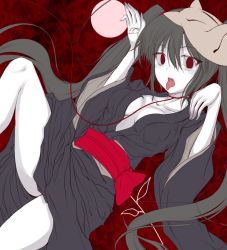 Rule 34 | 1girl, bad id, bad pixiv id, black hair, breasts, cleavage, fox mask, hatsune miku, japanese clothes, kimono, mask, medium breasts, musunde hiraite rasetsu to mukuro (vocaloid), pale skin, red eyes, shimo (depthbomb), sketch, solo, tongue, twintails, vocaloid, unfinished