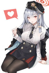 Rule 34 | 1girl, absurdres, black hat, blue archive, haruna (blue archive), hat, highres, long hair, looking at viewer, necktie, pantyhose, red eyes, shirt, simple background, solo, umber00, white hair, white shirt