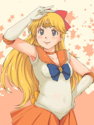 Rule 34 | 1990s (style), 1girl, aino minako, armpits, bishoujo senshi sailor moon, blonde hair, blue eyes, bow, breasts, choker, cleavage, collarbone, earrings, elbow gloves, elk115, gloves, hair bow, jewelry, long hair, magical girl, orange background, orange skirt, plump, red bow, sailor venus, skirt, small breasts, smile, solo, star (symbol), starry background, tiara, v, white gloves