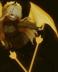 1girl akutrux blonde_hair closed_eyes closed_mouth demon_girl demon_horns demon_wings funamusea holding holding_sword holding_weapon horns igls_unth long_hair military_uniform solo sword very_long_hair weapon wings