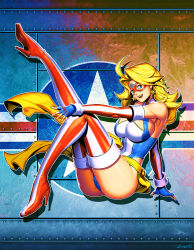 Rule 34 | 1girl, blonde hair, blue eyes, blue gloves, boots, breasts, earrings, elbow gloves, eye mask, fingerless gloves, full body, genzoman, gloves, high heel boots, high heels, highleg, highleg leotard, highres, jewelry, kamen america, kamen america (comic), knee up, large breasts, leg up, leotard, long hair, open mouth, sash, shadow, signature, smile, solo, star (symbol), star earrings, striped clothes, striped footwear, striped thighhighs, thigh boots, thighhighs, yellow sash