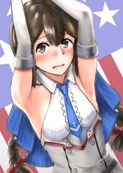 Rule 34 | 1girl, american flag background, armpits, arms up, black eyes, black hair, blue necktie, braid, breasts, capelet, colorado (kancolle), colorado (kancolle) (cosplay), commentary request, cosplay, dress, elbow gloves, gloves, grey dress, hair between eyes, highres, isonami (kancolle), kantai collection, looking at viewer, necktie, owada (kousonhuchi), pleated dress, shirt, sidelocks, sleeveless, small breasts, solo, twin braids, upper body, white shirt