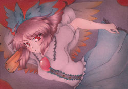 Rule 34 | 1girl, ahoge, arm cannon, bird wings, blouse, bow, breasts, brown hair, cape, colored pencil (medium), frown, hair bow, highres, hinonon, long hair, looking at viewer, mixed media, red background, red eyes, reiuji utsuho, shirt, short sleeves, skirt, solo, third eye, touhou, traditional media, weapon, wings