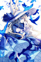 Rule 34 | 1girl, animal ears, bird, blonde hair, blue dress, blue eyes, blue ribbon, dress, feathers, frills, gloves, hair ribbon, hat, hat ribbon, heart, highres, hinata (echoloveloli), holding, holding letter, jewelry, jitome, letter, long hair, looking at viewer, original, petticoat, puffy short sleeves, puffy sleeves, rabbit ears, rabbit girl, ribbon, ring, short sleeves, simple background, solo, striped clothes, striped dress, sun hat, white background, white gloves