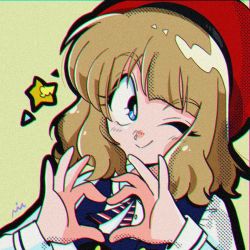 Rule 34 | 1990s (style), 1girl, ;), blue eyes, brown hair, close-up, dithering, hat, heart, heart hands, highres, idolmaster, idolmaster million live!, idolmaster million live! theater days, looking to the side, nui inu, one eye closed, retro artstyle, smile, solo, star (symbol), suou momoko, uniform series (idolmaster)