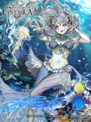 Rule 34 | 1girl, artist name, bad id, bad pixiv id, blue eyes, bracelet, breasts, bubble, cleavage, company name, copyright name, coral, dated, earrings, fish, flower, grey hair, gyakushuu no fantasica, hair flower, hair ornament, honnou (kjs9504), jellyfish, jewelry, long hair, midriff, navel, official art, open mouth, solo, sparkle, teeth, underwater