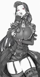 Rule 34 | 1girl, absurdres, arm under breasts, arm up, belt, black hair, black mask, bodysuit, breasts, cameltoe, cleft of venus, coat, collar, elazale, fellatio gesture, fingerless gloves, flower, garter straps, gloves, goddess of victory: nikke, greyscale, hair flower, hair ornament, highres, large breasts, lock, long hair, maiden (nikke), mask, mask pull, monochrome, mouth mask, nail polish, open clothes, open coat, open mouth, panties, parted bangs, parted hair, red eyes, shoulder spikes, simple background, solo, spikes, spot color, thigh belt, thigh strap, thighhighs, thighs, tongue, tongue out, underwear, white background