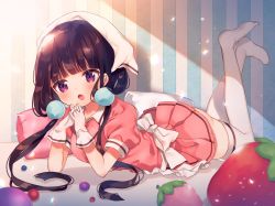 Rule 34 | 1girl, ana (rznuscrf), apron, blend s, blueberry, blush, collared shirt, food, fruit, gloves, head scarf, highres, low twintails, lying, on stomach, open mouth, own hands clasped, own hands together, pillow, pink shirt, pink skirt, pom pom (clothes), puffy short sleeves, puffy sleeves, purple eyes, sakuranomiya maika, shirt, short sleeves, skirt, solo, stile uniform, strawberry, thighhighs, twintails, uniform, waist apron, waitress, white apron, white gloves, white thighhighs